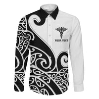 Personalised New Zealand Nurse Family Matching Off Shoulder Maxi Dress and Hawaiian Shirt Maori Koru Black Version LT05 Dad's Shirt - Long Sleeve Black - Polynesian Pride