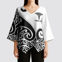 Personalised New Zealand Nurse Kimono Sleeve Blouse Maori Koru Black Version