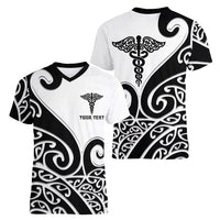 Personalised New Zealand Nurse Women V-Neck T-Shirt Maori Koru Black Version LT05 - Polynesian Pride