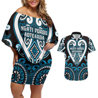 Custom Aotearoa Ngati Porou Couples Matching Off Shoulder Short Dress and Hawaiian Shirt Maori Tribal Pattern LT05 Blue - Polynesian Pride