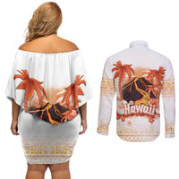 Hawaiian Volcano Lava Flow Couples Matching Off Shoulder Short Dress and Long Sleeve Button Shirt With Hawaiian Tapa Pattern