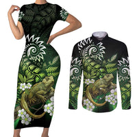 Aotearoa New Zealand Tuatara Couples Matching Short Sleeve Bodycon Dress and Long Sleeve Button Shirt Maori Koru Art LT05 Green - Polynesian Pride