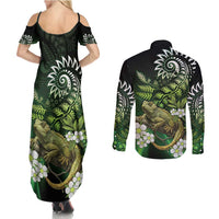 Aotearoa New Zealand Tuatara Couples Matching Summer Maxi Dress and Long Sleeve Button Shirt Maori Koru Art LT05 - Polynesian Pride