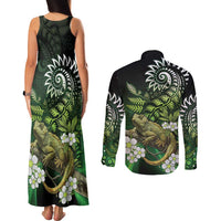 Aotearoa New Zealand Tuatara Couples Matching Tank Maxi Dress and Long Sleeve Button Shirt Maori Koru Art LT05 - Polynesian Pride