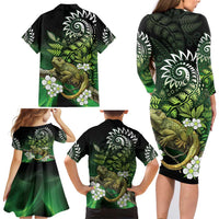 Aotearoa New Zealand Tuatara Family Matching Long Sleeve Bodycon Dress and Hawaiian Shirt Maori Koru Art LT05 - Polynesian Pride