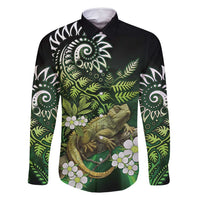 Aotearoa New Zealand Tuatara Family Matching Long Sleeve Bodycon Dress and Hawaiian Shirt Maori Koru Art LT05 Dad's Shirt - Long Sleeve Green - Polynesian Pride