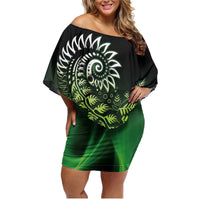 Aotearoa New Zealand Tuatara Family Matching Off Shoulder Short Dress and Hawaiian Shirt Maori Koru Art LT05 Mom's Dress Green - Polynesian Pride