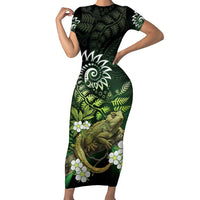 Aotearoa New Zealand Tuatara Short Sleeve Bodycon Dress Maori Koru Art LT05 Long Dress Green - Polynesian Pride