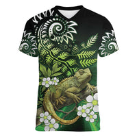 Aotearoa New Zealand Tuatara Women V-Neck T-Shirt Maori Koru Art LT05 Female Green - Polynesian Pride