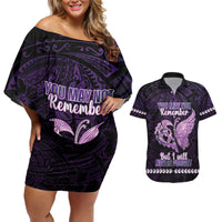 Personalised Alzheimer's Awareness Couples Matching Off Shoulder Short Dress and Hawaiian Shirt You May Not Remember But I Will Never Forget LT05 Purple - Polynesian Pride