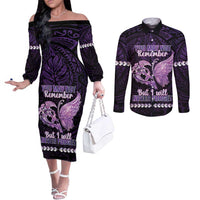 Personalised Alzheimer's Awareness Couples Matching Off The Shoulder Long Sleeve Dress and Long Sleeve Button Shirt You May Not Remember But I Will Never Forget LT05 Purple - Polynesian Pride