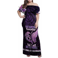 Personalised Alzheimer's Awareness Family Matching Off Shoulder Maxi Dress and Hawaiian Shirt You May Not Remember But I Will Never Forget LT05 Mom's Dress Purple - Polynesian Pride