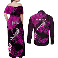 Personalized Hawaii Maui Couples Matching Off Shoulder Maxi Dress and Long Sleeve Button Shirts Polynesian Fish Hook Hibiscus Pink Version LT05 - Polynesian Pride