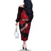 Personalized Hawaii Maui Off The Shoulder Long Sleeve Dress Polynesian Fish Hook Hibiscus Red Version LT05 - Polynesian Pride