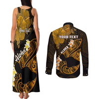 Personalized Hawaii Maui Couples Matching Tank Maxi Dress and Long Sleeve Button Shirts Polynesian Fish Hook Hibiscus Gold Version LT05 - Polynesian Pride