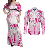 Breast Cancer Pink Out Couples Matching Off Shoulder Maxi Dress and Long Sleeve Button Shirt Polynesian Art Tattoo White Version LT05 White - Polynesian Pride