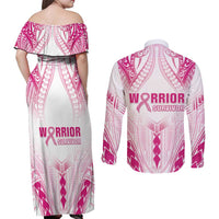 Breast Cancer Pink Out Couples Matching Off Shoulder Maxi Dress and Long Sleeve Button Shirt Polynesian Art Tattoo White Version LT05 - Polynesian Pride