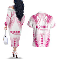 Breast Cancer Pink Out Couples Matching Off The Shoulder Long Sleeve Dress and Hawaiian Shirt Polynesian Art Tattoo White Version LT05 - Polynesian Pride