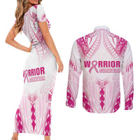 Breast Cancer Pink Out Couples Matching Short Sleeve Bodycon Dress and Long Sleeve Button Shirt Polynesian Art Tattoo White Version LT05 - Polynesian Pride