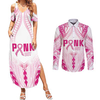 Breast Cancer Pink Out Couples Matching Summer Maxi Dress and Long Sleeve Button Shirt Polynesian Art Tattoo White Version LT05 White - Polynesian Pride