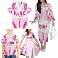 Breast Cancer Pink Out Family Matching Off The Shoulder Long Sleeve Dress and Hawaiian Shirt Polynesian Art Tattoo White Version LT05 - Polynesian Pride