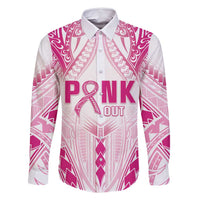 Breast Cancer Pink Out Family Matching Tank Maxi Dress and Hawaiian Shirt Polynesian Art Tattoo White Version LT05 Dad's Shirt - Long Sleeve White - Polynesian Pride
