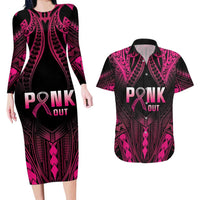 Breast Cancer Pink Out Couples Matching Long Sleeve Bodycon Dress and Hawaiian Shirt Polynesian Art Tattoo Black Version LT05 Black - Polynesian Pride