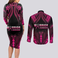 Breast Cancer Pink Out Couples Matching Long Sleeve Bodycon Dress and Long Sleeve Button Shirt Polynesian Art Tattoo Black Version LT05 - Polynesian Pride