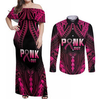 Breast Cancer Pink Out Couples Matching Off Shoulder Maxi Dress and Long Sleeve Button Shirt Polynesian Art Tattoo Black Version LT05 Black - Polynesian Pride
