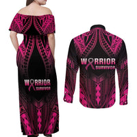 Breast Cancer Pink Out Couples Matching Off Shoulder Maxi Dress and Long Sleeve Button Shirt Polynesian Art Tattoo Black Version LT05 - Polynesian Pride