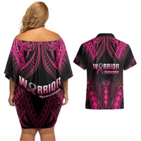 Breast Cancer Pink Out Couples Matching Off Shoulder Short Dress and Hawaiian Shirt Polynesian Art Tattoo Black Version LT05 - Polynesian Pride