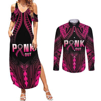 Breast Cancer Pink Out Couples Matching Summer Maxi Dress and Long Sleeve Button Shirt Polynesian Art Tattoo Black Version LT05 Black - Polynesian Pride