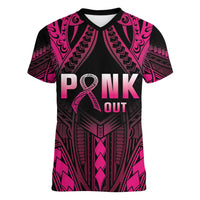 Breast Cancer Pink Out Women V-Neck T-Shirt Polynesian Art Tattoo Black Version LT05 Female Black - Polynesian Pride