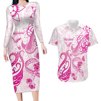 Personalised Breast Cancer Awareness Couples Matching Long Sleeve Bodycon Dress and Hawaiian Shirt Ribbon Polynesian Pattern White Version LT05 White - Polynesian Pride