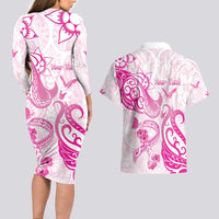Personalised Breast Cancer Awareness Couples Matching Long Sleeve Bodycon Dress and Hawaiian Shirt Ribbon Polynesian Pattern White Version LT05 - Polynesian Pride