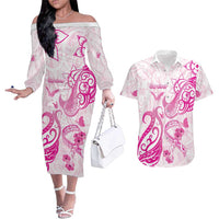 Personalised Breast Cancer Awareness Couples Matching Off The Shoulder Long Sleeve Dress and Hawaiian Shirt Ribbon Polynesian Pattern White Version LT05 White - Polynesian Pride