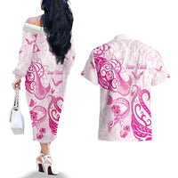 Personalised Breast Cancer Awareness Couples Matching Off The Shoulder Long Sleeve Dress and Hawaiian Shirt Ribbon Polynesian Pattern White Version LT05 - Polynesian Pride