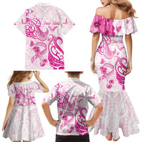 Personalised Breast Cancer Awareness Family Matching Mermaid Dress and Hawaiian Shirt Ribbon Polynesian Pattern White Version LT05 - Polynesian Pride