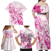 Personalised Breast Cancer Awareness Family Matching Off Shoulder Maxi Dress and Hawaiian Shirt Ribbon Polynesian Pattern White Version LT05 - Polynesian Pride