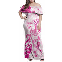 Personalised Breast Cancer Awareness Family Matching Off Shoulder Maxi Dress and Hawaiian Shirt Ribbon Polynesian Pattern White Version LT05 Mom's Dress White - Polynesian Pride