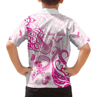 Personalised Breast Cancer Awareness Family Matching Off Shoulder Short Dress and Hawaiian Shirt Ribbon Polynesian Pattern White Version LT05 - Polynesian Pride