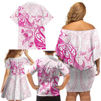 Personalised Breast Cancer Awareness Family Matching Off Shoulder Short Dress and Hawaiian Shirt Ribbon Polynesian Pattern White Version LT05 - Polynesian Pride