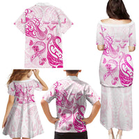 Personalised Breast Cancer Awareness Family Matching Puletasi and Hawaiian Shirt Ribbon Polynesian Pattern White Version LT05 - Polynesian Pride