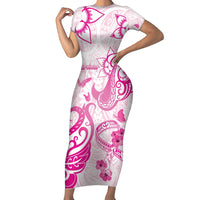 Personalised Breast Cancer Awareness Family Matching Short Sleeve Bodycon Dress and Hawaiian Shirt Ribbon Polynesian Pattern White Version LT05 Mom's Dress White - Polynesian Pride