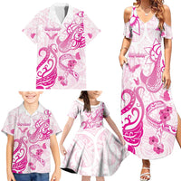 Personalised Breast Cancer Awareness Family Matching Summer Maxi Dress and Hawaiian Shirt Ribbon Polynesian Pattern White Version LT05 - Polynesian Pride