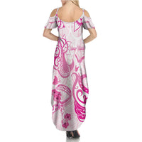Personalised Breast Cancer Awareness Family Matching Summer Maxi Dress and Hawaiian Shirt Ribbon Polynesian Pattern White Version LT05 - Polynesian Pride