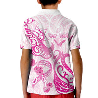 Personalised Breast Cancer Awareness Kid Polo Shirt Ribbon Polynesian Pattern White Version
