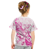 Personalised Breast Cancer Awareness Kid T Shirt Ribbon Polynesian Pattern White Version