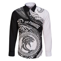 Go Fishing Family Matching Off Shoulder Long Sleeve Dress and Hawaiian Shirt Polynesian Pattern LT05 Dad's Shirt - Long Sleeve Black - Polynesian Pride