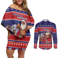 Samoa Christmas Couples Matching Off Shoulder Short Dress and Long Sleeve Button Shirt Samoan Santa Claus Manuia Le Kerisimasi LT05 Blue - Polynesian Pride